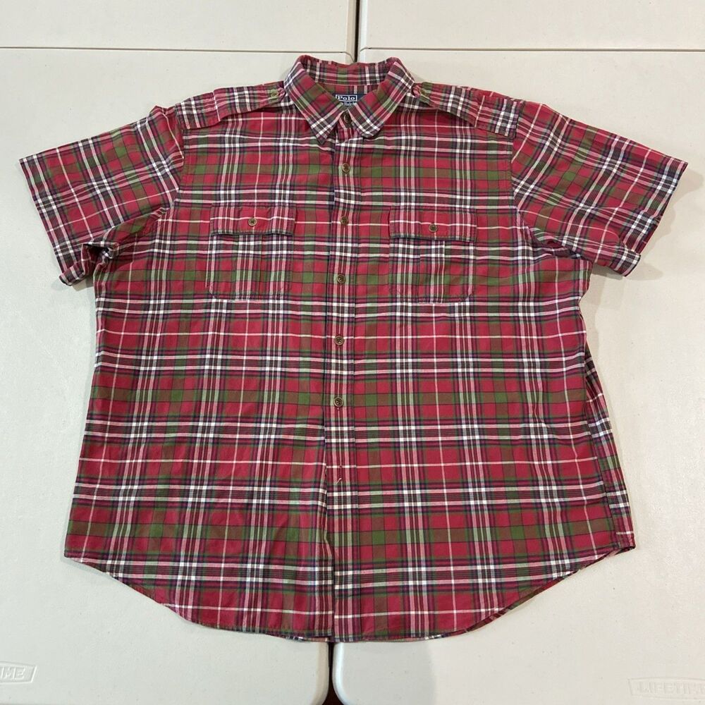 Vintage Ralph Lauren Red Plaid Shirt Lapel Flap Buttons Large Prep